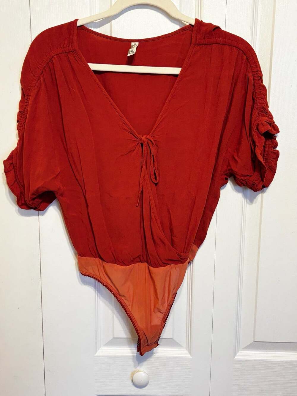 Free People Cleo Bodysuit Burnt Orange Short Sleeve Tie V-Neck